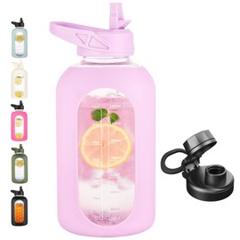 CIVAGO 64 oz Glass Water Bottle Jug with Straw and Handle, Half Gallon Sports Motivational Water Bottle with Time Marker, Wide Mouth Water Flask Canteen with Silicone Sleeve for Gym, Lavender