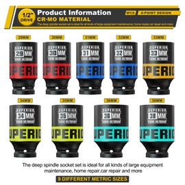 Aiourx 1/2” Drive Deep Axle Nut Impact Socket Set, Metric, 29mm-38mm, CR-MO, 6 Point, Use in Large Equipment Maintenance, Home Repair, Car Repair and More, 9pcs