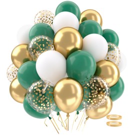 Olive Green and Gold Balloons, 62PCS 12 Inch Green White and Gold Confetti Latex Balloons Set, Retro Green Balloons for Birthday Party Wedding Jungle Baby Shower Anniversary Party Decorations