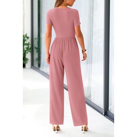PRETTYGARDEN Women's Summer One Piece Jumpsuits Dressy Casual Short Sleeve Square Neck Wide Leg Jumpsuit Rompers (Dusty Pink,Small)
