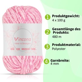 Vincona Chenille Yarn 4 x 100g Super Soft Chunky Yarn for Knitting and Crochet Yarn Clothes, Handbag, Shoes Hats Sweaters Blankets Scarves，DIY- Ideal for Beginners Adults Light Blue