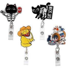 Funny Cat Badge Reel Retractable Clip Holder for Nurse Doctor Medical Worker & Nursing Student | Cute Animal Cowboy Cat Badge Holder with Alligator Clip | 4Pcs Set