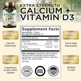 Calcium 1200 mg with Vitamin D3 - Bone Health Supplement, Vitamin D & Calcium Supplements for Women & Men - Bone Strength, Teeth & Immune Support, Nature's Calcium Pills, Bottled in USA - 120 Tablets