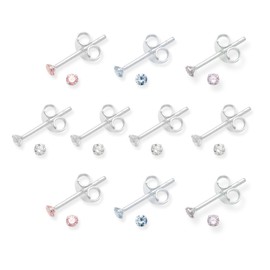 Set 10 PAIRS Genuine Sterling Silver Cubic Zirconia stud Earrings - Colours as shown in photos - SIZE: TINY 2mm TEENY WEENY STUDS.- Gift Boxed only 5549/PASTEL