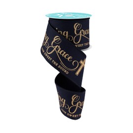 Black Amazing Grace Gold Script Wired Edge Ribbon (2 1/2 inches x 10 Yards) Floral Arrangement, Crafting, Fabric, Bow Wreath, Easter, Sympathy Gift Wrapping