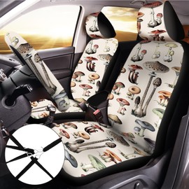 17 Pcs Mushroom Car Seat Covers Car Accessories Full Set for Women Men Automotive Rear Front Seat Protector View Mirror Hanging Ornament Steer Wheel Belt Cover (Retro Mushroom)