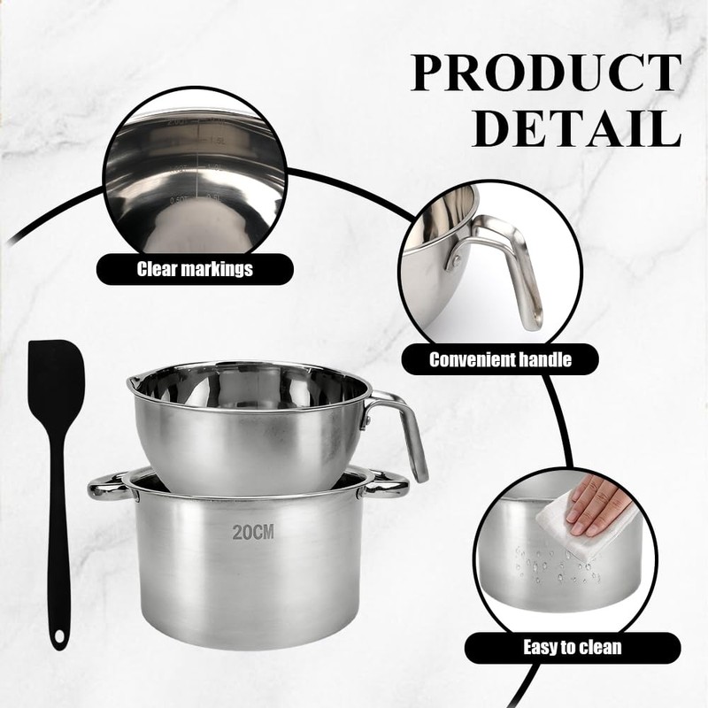 Double Boiler Pot Set with Silicone Spatula, 2000ML/2.1 QT Chocolate