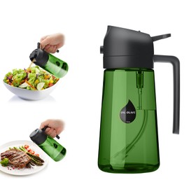 Sezbaifles 2 in 1 Oil Sprayer for Cooking, Olive Oil Dispenser Bottle for Kitchen Spray and Pour, 16oz/470ml Light-Blocking Dark Green Glass Bottle, Food-Grade Oil Mister for Air Fryer Black Cap