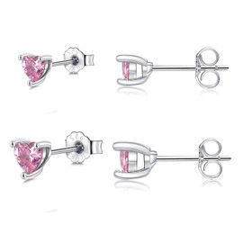 Small Silver Stud Earrings for Women, 2 Pairs Heart Cut Cubic Zirconia Earring Studs Set | Cartilage CZ Hypoallergenic Tragus Piercing Earrings for Girls 3mm 4mm Pink
