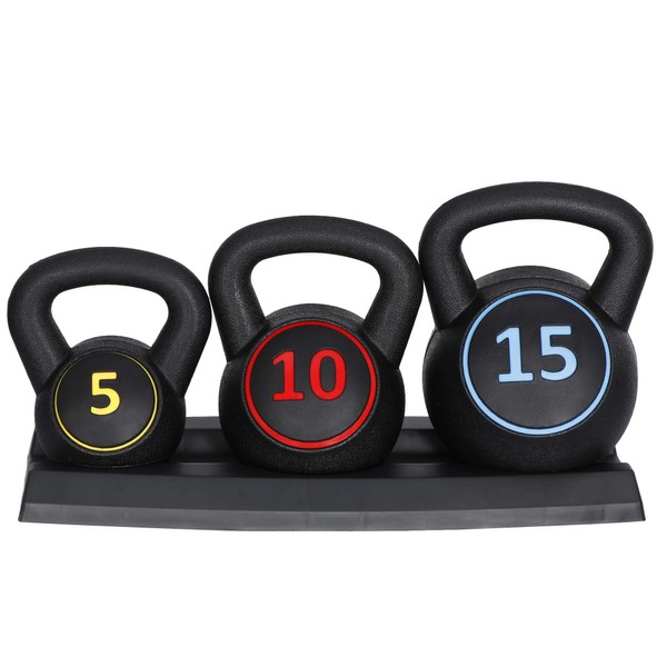 F2C 3-Piece Kettlebell Set with Storage Rack 5lb, 10lb, 15lb Weights HDPE Coated Concrete Kettlebells Core Training for Home Gym Exercise Fitness