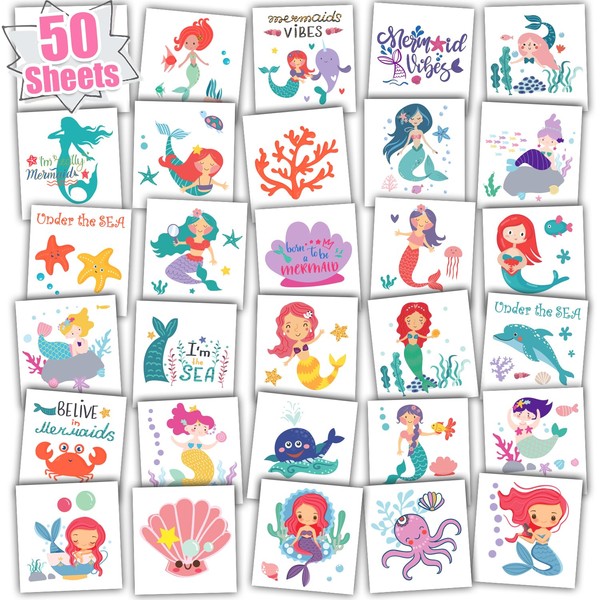 Leesgel Mermaid Tattoos for Kids, Individual 50 Sheets Temporary Tattoos Mermaid Stickers for Mermaid Birthday Decorations, Mermaid Gifts Toys for Girls Sweets Party Bags Fillers Supplies Favours