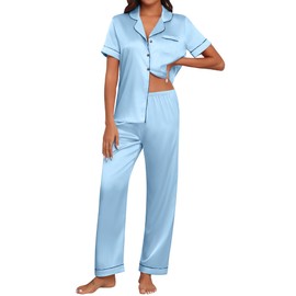 Ekouaer Women Silk Pajamas Set Satin Notch Collar Pajama Set Satin Pj Set Long Pants Blue Pajamas Set,Sleepwear M
