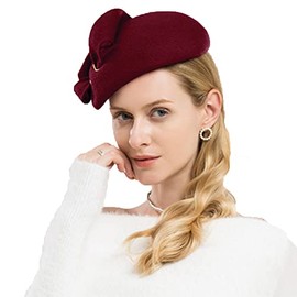 HIMESPORT Women Ladies Wedding Burgundy Wool Felt Fascinator Beret Hats Elegant Tea Party Church Cocktail Pillbox Hat with Metal