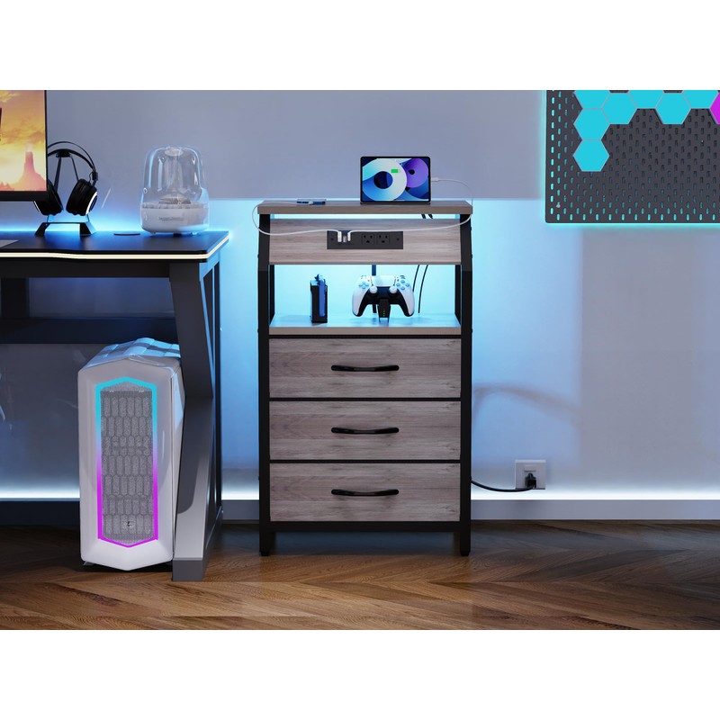 End Table with 3 Drawers, Night Stand with Charger Station