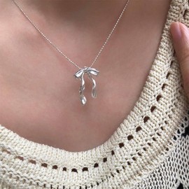 Vacaonio Boho Bow Necklace Choker Bow Tie Pendant Necklace Silver Bow Shape Necklace Bow Ball Chain Necklace Ribbon Bowknot Necklace Choker Minimalist Silver Necklace Jewelry for Women(Bow A)
