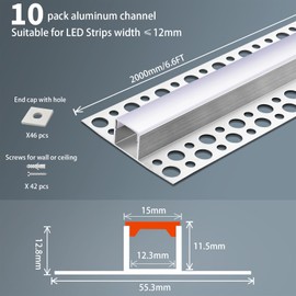 10 Pack Aluminum LED Channel 6.6FT/2M Plaster-in with Strip Diffuser and Milky Cover Tape Light Track LED Profile for Various Lighting Applications