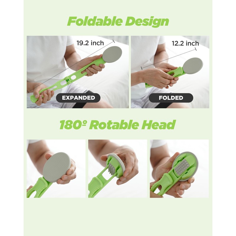 DOWMI Body Back Scratcher - 48.3 cm 折りたたみ式ロングカーブハンドル、交換可能なブラシヘッド付き - 洗えるパッド