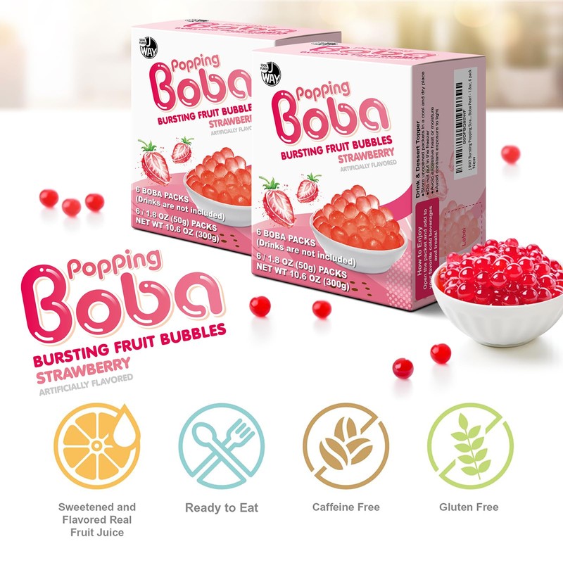 J WAY Bursting Popping Strawberry Boba Pearls, Strawberry Syrup, Non-Dairy,