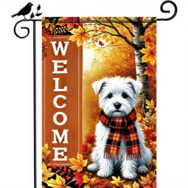 BlissYard Thanksgiving Fall Garden Flag 12x18 Inch Welcome West Highland White Terrier Dog Outdoor Flag Double Sided Autumn Yard Banner with Plaid Scarf and Leaves Decor for Porch Lawn Patio