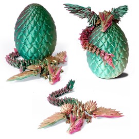 Flavery 3D Printed Flying Dragon in Egg - Dino Easter Egg with 9" Winged Dragon Inside, Colorful Fidget Toy, Birthday Gift, Flexible Desk Pet Figure (Green Fuchsia Gold)