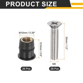 sourcing map 26 Pairs M6 Neoprene Well Nuts with Stainless Steel Screw, Rubber Well Nuts Kit Brass Copper Bolt, Universal Motorcycle Fasteners for Kayak Boat Windscreen