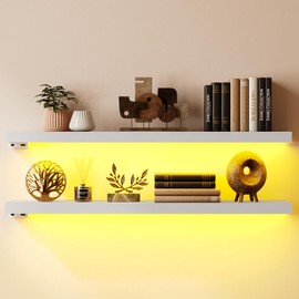 BAMEOS Floating Shelves with LED Lights, 31" White Wall Mounted Wooden Shelves with Invisible Brackets, Set of 2, Hanging Wall Shelves for Bedroom, Bathroom, Living Room and Kitchen Decoration
