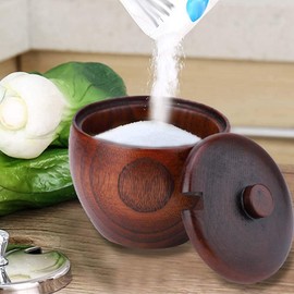 VIFERR Sugar Bowl Wooden Spice Box Salt Container with Lid and Spoon, Solid Wood Spice Jars for Salt Pepper Sugar Herbs
