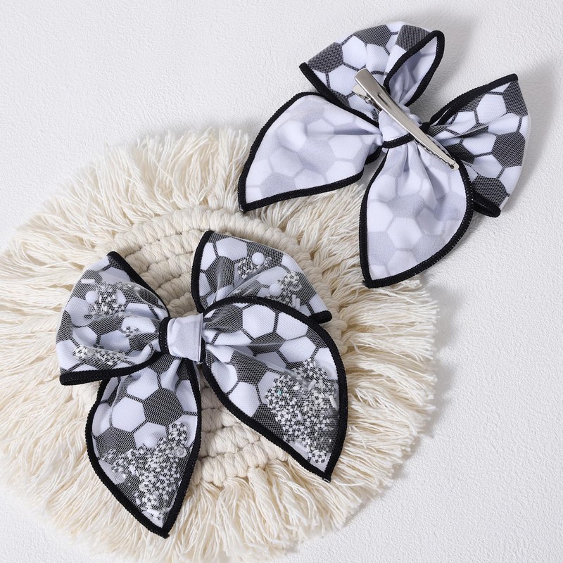 Black White Soccer Hair Bows for Girls, 4" Mesh Tulle