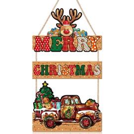 LHIUEM Merry Christmas Signs Reindeer Christmas Decoration Set of 3(8”X12”) Vintage Wooden Truck Christmas Hanger Decor Farmhouse Christmas Wreaths for Front Door Gingerbread Christmas Hanging Decor