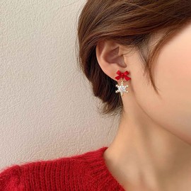 Cybche Boho Crystal Snowflake Bow Earrings Red Acrylic Bow Stud Earrings Rhinestone Snowflake Dangle Earrings Gold CZ Snowflake Drop Earrings Christmas Snowflake Earrings Jewelry for Women