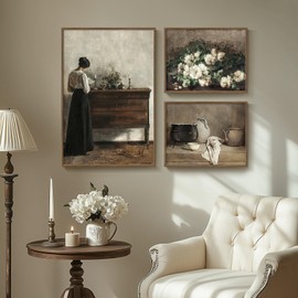 Framed Vintage French Country Wall Art, Farmhouse Floral 3 Piece Woman Painting Prints, Retro Flower Canvas Artworks for Living Room Dining Room Bedroom Hallway Office Wall Decor