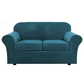 Real Velvet Plush 3 Piece Stretch Sofa Covers Couch Covers for 2 Cushion Couch Loveseat Covers (Base Cover Plus 2 Individual Cushion Covers) Feature Thick Soft Stay in Place (Medium Sofa, Deep Teal)