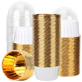 EUSOAR Gold Cupcake Cups, 3.5oz 100pcs Disposable Mini Cupcake Liners for Baking, Foil Dessert Containers Oven-safe Baking Cups Pan with Plastic Lids for Wedding Birthday Party Picnic Camping