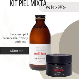 KIT PARA PIEL MIXTA EN LOS 30´s. Contiene un Tónico Facial de Agua de Hammamelis (240ml) y una Crema Facial de Caléndula (50ml). 100% Ingredientes Naturales, sin químicos.