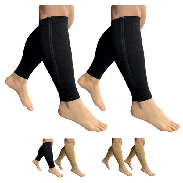 HealthyNees Footless 15-20 mmHg Zipper Compression Leg Calf Shin Sleeve 2 Pairs (Black Combo, 2X-Large)