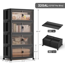 Jalove 120Gal Large Storage Bins with lids, 480QT Plastic Stackable Storage Containers with Wheels, Collapsible Closet Organizer and Storage Drawers,Clothes Organization for Cabinet Home, 4Pack Black