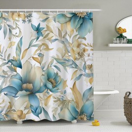 Uiiooazy Teal Blue Gold Floral Shower Curtain for Bathroom Yellow Flowers Boho Fabric Bathtub Curtain Set Botanical Plants Leaves Bath Home Decor Waterproof Shower Curtains 72x72 inches with Hooks