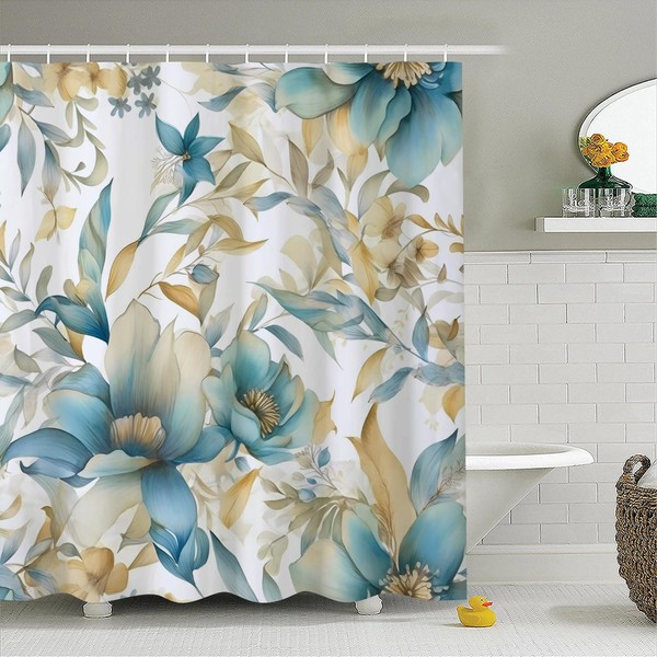 Uiiooazy Teal Blue Gold Floral Shower Curtain for Bathroom Yellow