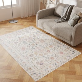 4x6 Washable Area Rug, Low Pile Faux Wool Carpet for Living Room, Bedroom, Dining Room, Vintage Flower Design, Non-Shedding Low-Pile Rug in Beige for High-Traffic Areas with Non-Slip Rubber Back