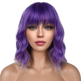 Colorfulpanda Wigs Purple Short Hair for Women with Fringe Hair Natural Wigs Synthetic Wig for Party Cosplay Costume 14 Inches (Purple Ombre)