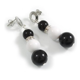 Black/White Acrylic Bead Drop Earrings in Silver Tone - 55mm Long