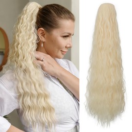 Sleekalon Long Curly Blonde Drawstring Ponytail for Women 32 inches Clip In Ponytail Extension Synthetic Hairpieces Drawstring Ponytail for Daily