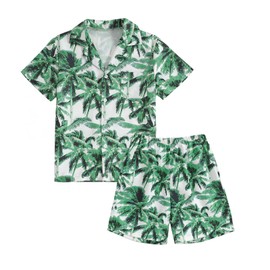 Momkonzz Boys Clothes Set Kids Hawaii Shorts Button Down T shirts Coco Print for Summer Beach Vacations 7-12T (Green, 8-9T)