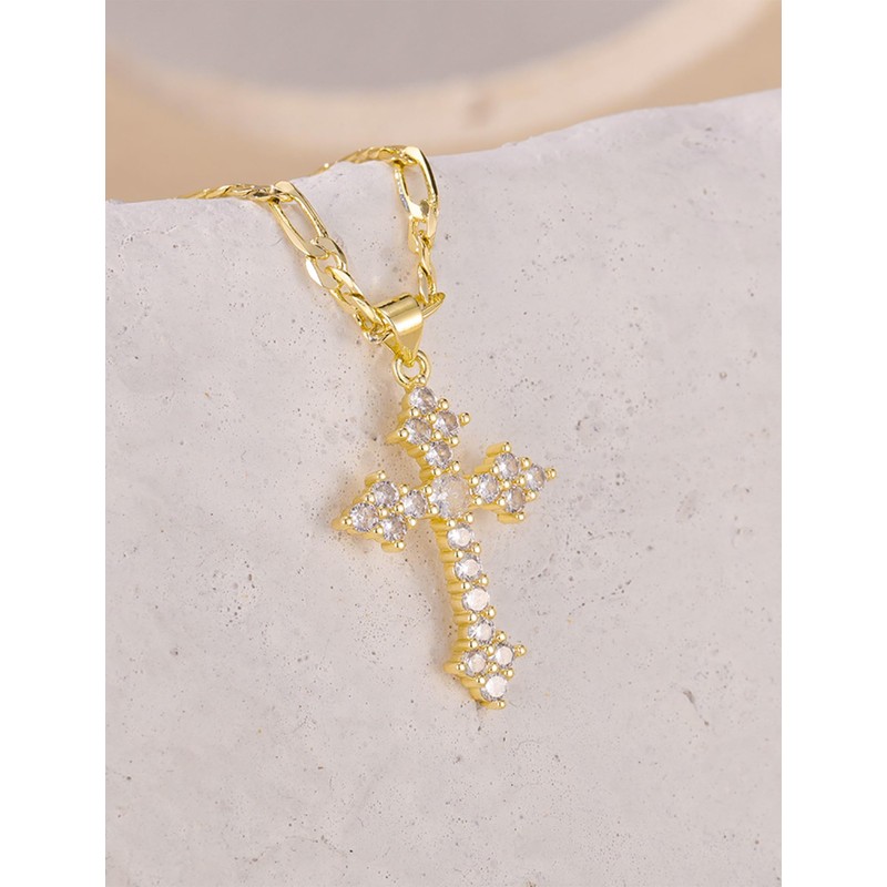 Kyhvoux 14K Gold Plated Women's Cross Necklace, Cubic Zirconia Copper