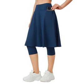 ANIVIVO 24" Long Knee Length Skirted Leggings for Women,Modest Athletic Skirt with Leggings Pleated Workout Skirt Zipper Pockets(Navyblue,L)