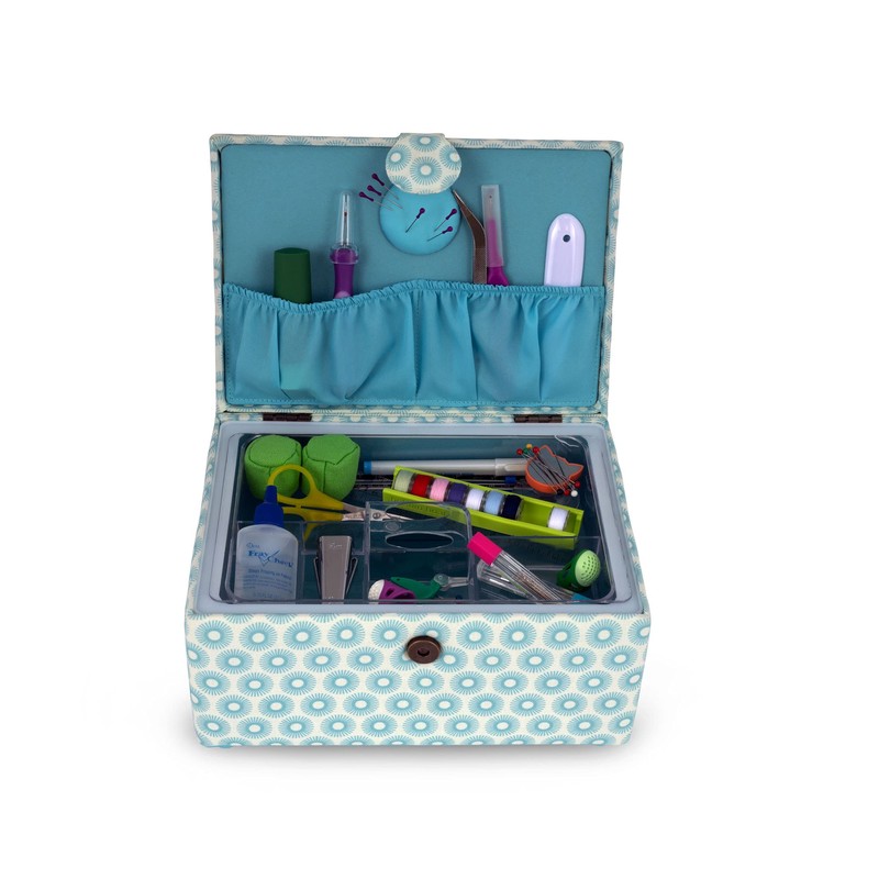 Dritz Handle on Lid Sewing Basket, Blue Retro