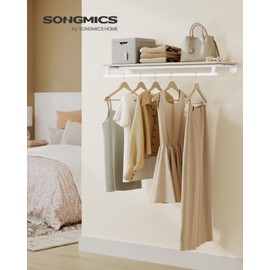 SONGMICS Clothes Rack with Top Shelf, Wall Mounted Clothing Rack, with Hanging Rod, Loads up to 77 lb, 11 x 42.9 x 5.2 Inches, Entryway, Bedroom, Closet, Natural Beige and Cloud White UHSR135W01