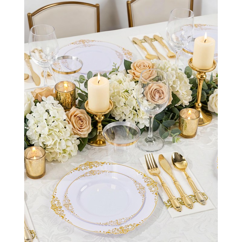 Morejoy 350PCS White and Gold Plastic Plates - Gold Plastic