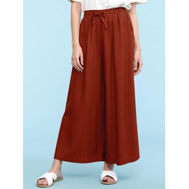 LL Womens Washed Linen Casual Loose Wide Leg Pants Pocket Pant with Draw String S Brown_RED