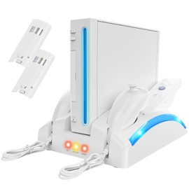 KEKUCULL Game Organizer Station for Wii Remote Charger, Charging Dock Station for Controller, Wii Stand with 2 Pcs Rechargeable Battery for Wii Console Nunchuk Game Accessories Kit Storage